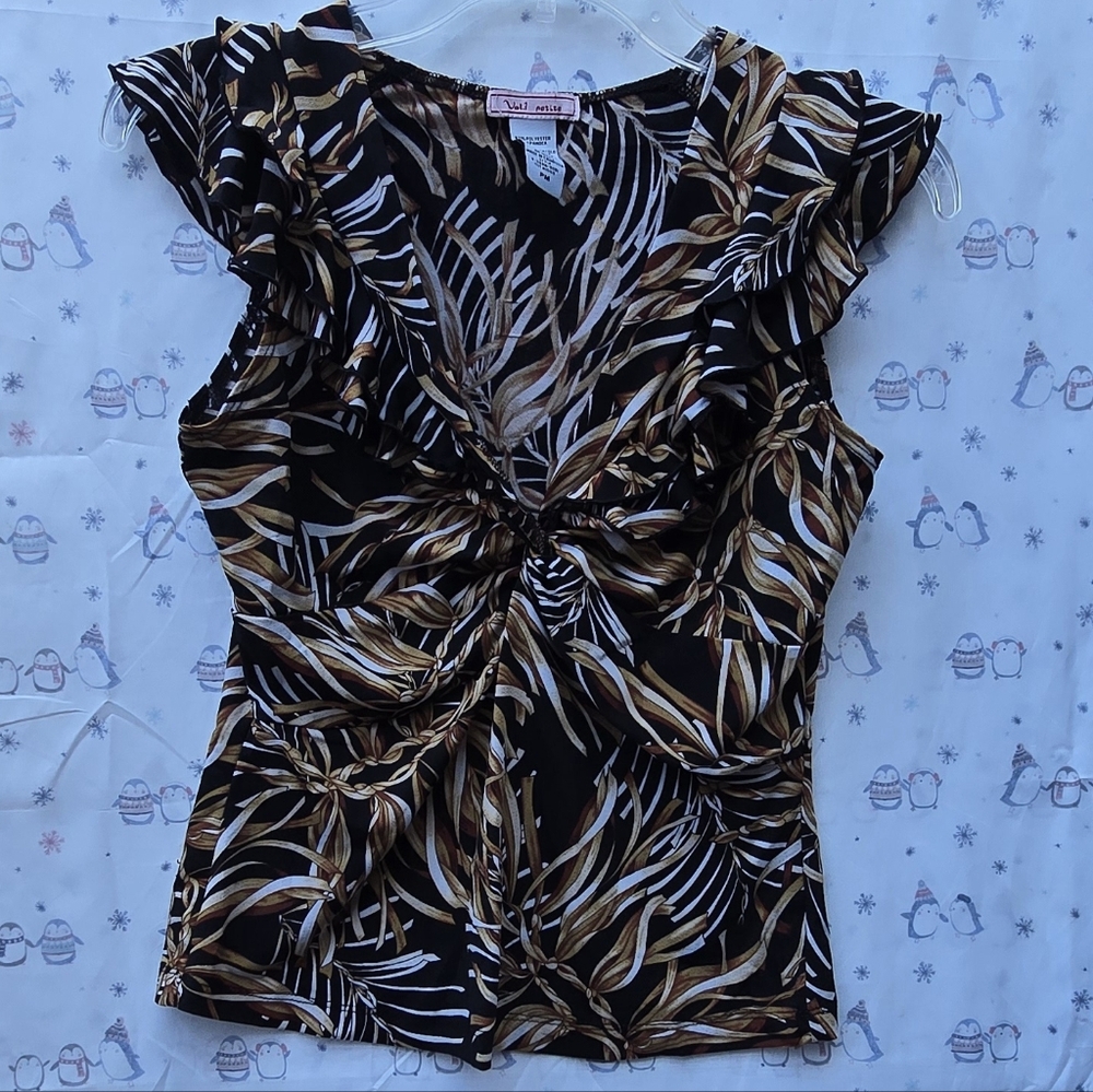 Vol.1 Petite Black, Brown, Print Blouse with Ruffled Sleeves Twisted Front. PM